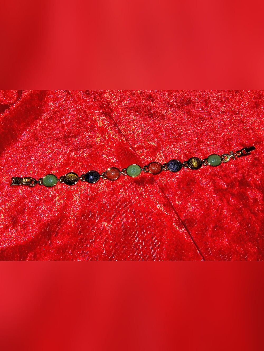 Vintage Multi Gemstone Carved Scarab Gold Tone Bracelet Size 7 To 8